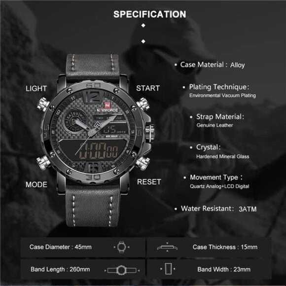 Mens Waterproof Sport Watches Leather Digital AnalogWatch Luxury Casual DualTime - Picture 3 of 7